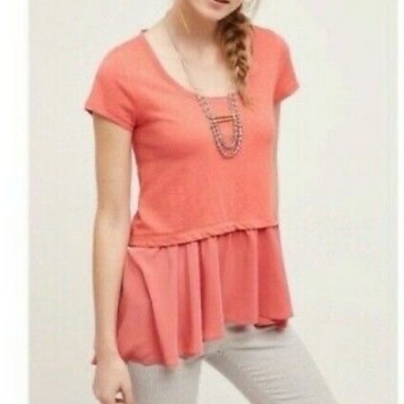 Anthropologie Postmark West End Peplum Tunic Tee High-low Top Solid in Coral - Picture 2 of 9